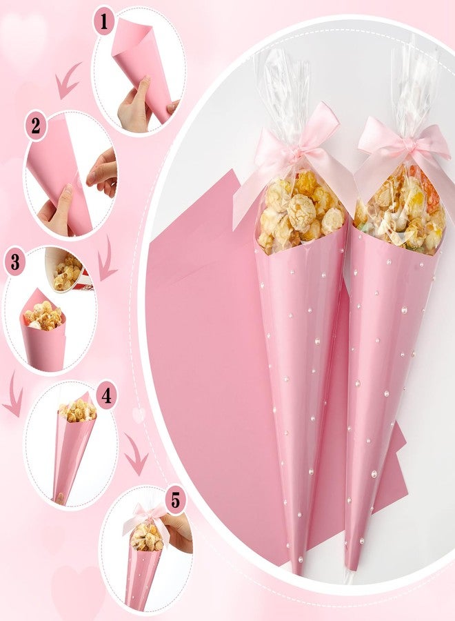 Yexiya 156 Pcs Pink Bow Cone Cellophane Bag Set DIY Sweet Cones Shaped Treat Bags Pink Card Paper, Bow and Pearl Patches for Party Favors Sweet Snack Popcorn Packing Gift - Image 4